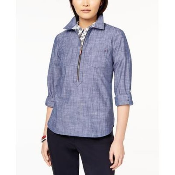 TOMMY HILFIGER Chambray Cotton Half-Zip Top - XS - Picture 3 of 3